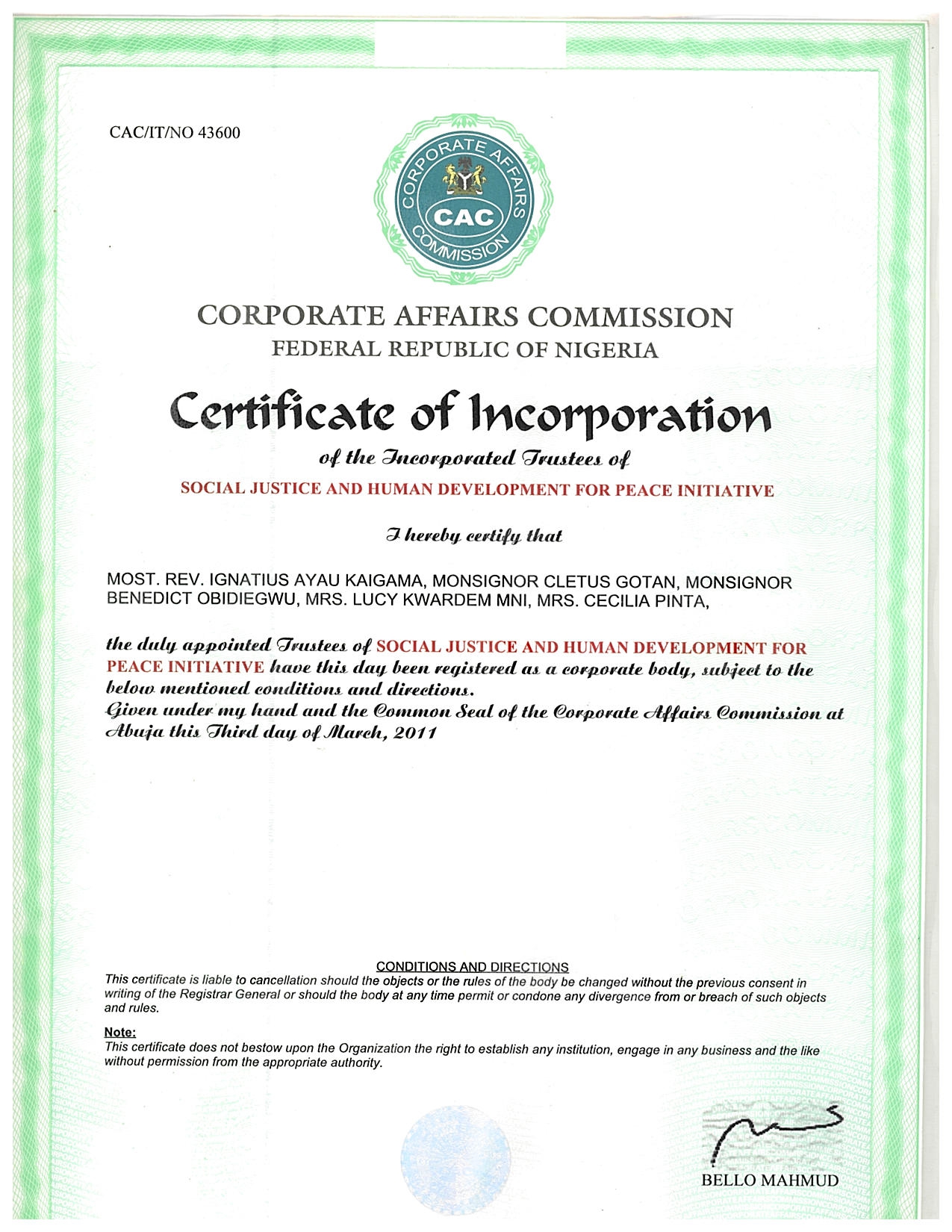 JDPC Certificate of Incorporation